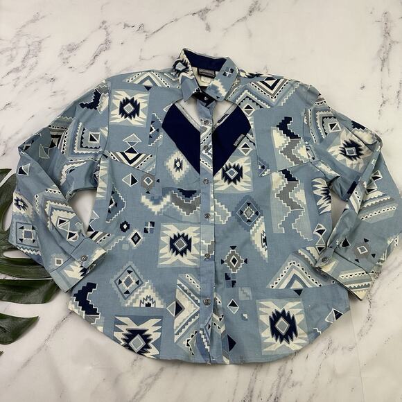 Rough Rider Tops - Rough Rider Womens Vintage 90s Western Shirt Size XL Blue White Cutouts Country